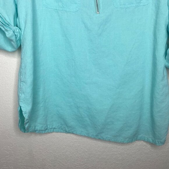 Emily Daniels Linen Blend Top Womens Size M Aqua Blue Roll Tab Sleeves Coastal B - Picture 5 of 13